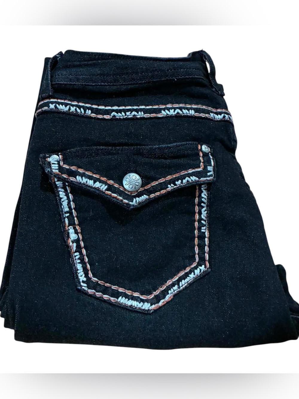 #3035 EUC Women's Black Distressed Jeans with Embroidered Pocket Detail